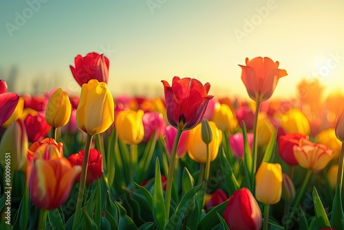 A photograph of a vast field of tulips  showcasing a spectrum of vibrant colors from deep reds to bright yellows  bathed in the soft glow of the golden hour sun