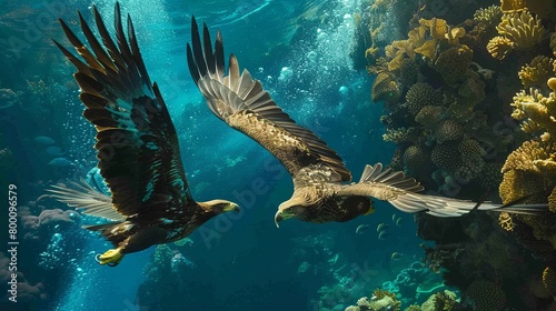 A large eagle is flying over a body of water with fish swimming below photo