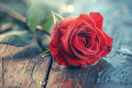 A single  dew-kissed red rose  lying on an ancient wooden table  with soft morning light casting gentle shadows  symbolizing love and passion
