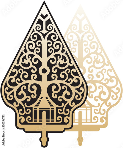 Indonesian Javanese culture vector illustration, two gold color gunungan wayang shapes photo