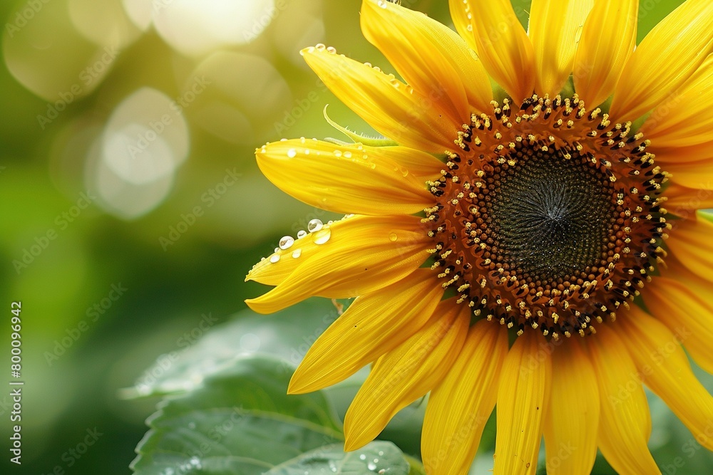 Naklejka premium A single sunflower, captured in an extreme close-up. The intricate details of its petals and the vibrant contrast between the deep brown of its seeds and the bright yellow of its petals are emphasized