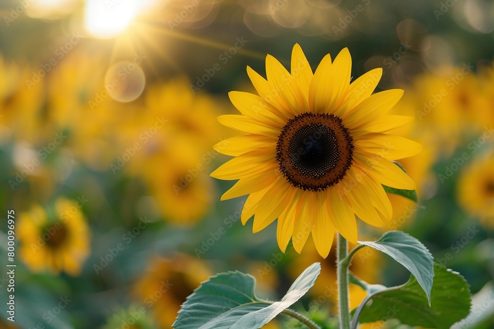 Fototapeta premium A single sunflower in a sunlit field, detailed view of its bright yellow petals and dark brown center, with soft-focus sunflowers and green foliage in the background