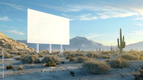 big blank white billboard in the desert with cactuses, billboard mockup photo