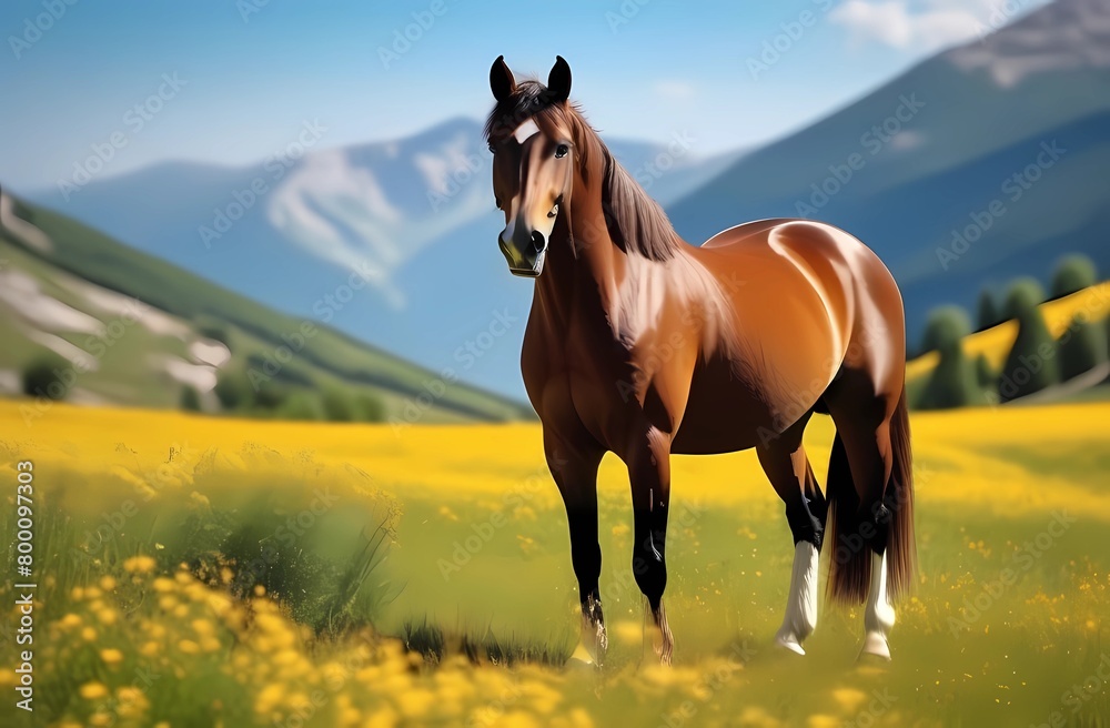 Obraz premium Chestnut horse in a meadow with yellow flowers on a mountain background, depicting the concept of nature and wildlife. Domestic Friend.