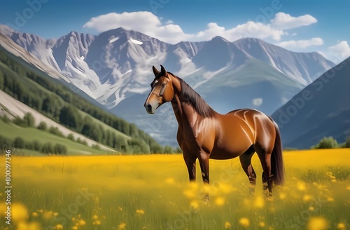 Chestnut horse in a meadow with yellow flowers on a mountain background, depicting the concept of nature and wildlife. Domestic Friend. 