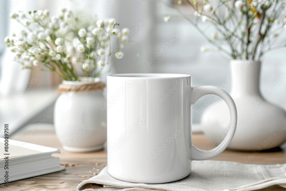 White Blank Mug Mockup in Photographic Scene created with Generative AI White Blank Mug Mockup in Photographic Scene created with Generative AI