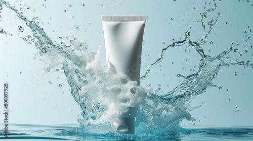 A new skincare solution in a white tube bottle with a vacuous label and a bouncing water splash over a plain white setting and space, Generative AI.