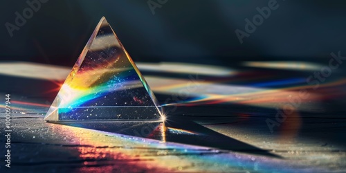 A clear crystal prism on a dark surface, casting vibrant rainbows as it refracts sunlight.