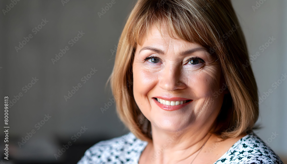 The pleasant-looking middle-aged woman, smiling towards the camera in close-up The pleasant-looking middle-aged woman, smiling towards the camera in close-up