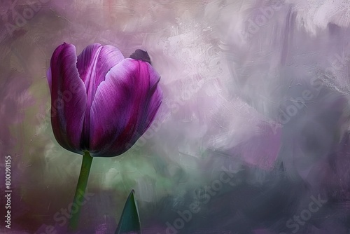 An artistic rendering of a single purple tulip, captured in the style of a classic oil painting. The tulip is set against a moody, impressionistic background that suggests the onset of spring