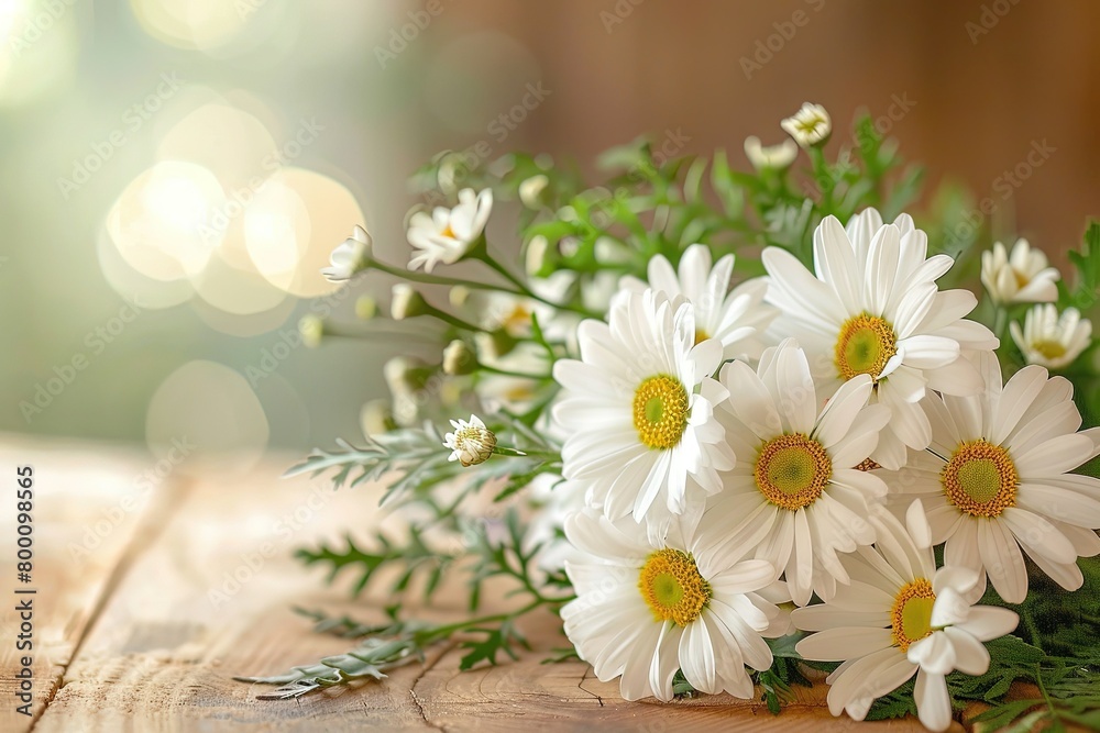 Obraz premium An elegant wedding centerpiece featuring white daisies and green foliage, set on a rustic wooden table under warm, ambient lighting