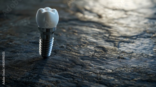 A single dental implant with a ceramic crown displayed on a rugged, dark surface with a shallow depth of field.