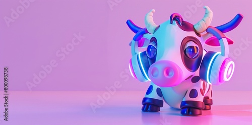Cute cow with holographic headphones. 3D illustration in futuristic style. photo