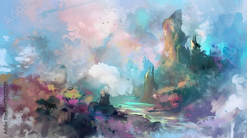 Vibrant and Dreamlike Landscape Painting with Serene Mountain Scenery and Flowing River