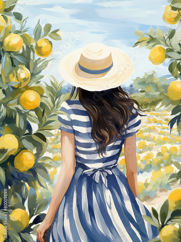 Watercolor illustration of a woman wearing a hat in a Lemon orchard field background, summer travel poster. 
