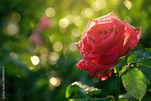 A close-up of a dew-kissed rose, petals unfolding in the soft morning light, nestled in a lush garden photo