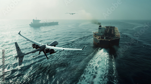 A white modern combat UAV flies over a large ship in the ocean. A drone attacks an oil tanker at sea. A smart war photo