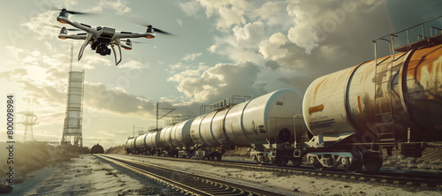 A military white UAV flies over a train full of oil tanks. The concept of smart warfare. Modern technologies in action photo