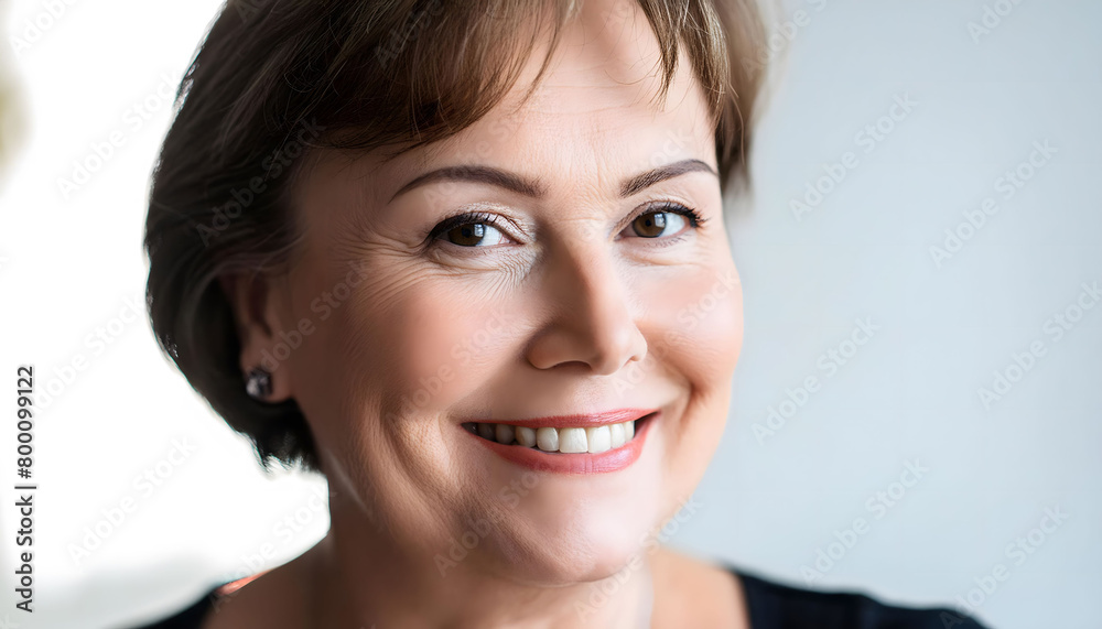 The pleasant-looking middle-aged woman, smiling towards the camera in close-up The pleasant-looking middle-aged woman, smiling towards the camera in close-up