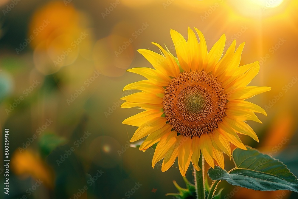 Fototapeta premium A close-up of a single sunflower, vibrant yellow petals, detailed texture of the center, set against a soft, blurred meadow background with warm sunlight filtering through