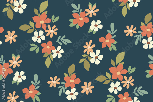 Seamless floral pattern, liberty ditsy print, cute abstract flower ornament in autumn colors. Pretty botanical design: small hand drawn flowers, tiny leaves, simple mini bouquets on blue field. Vector