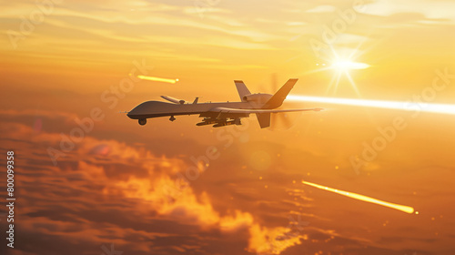 A modern military combat UAV flies across the sky against the background of the bright sun. Missiles shoot down an enemy drone