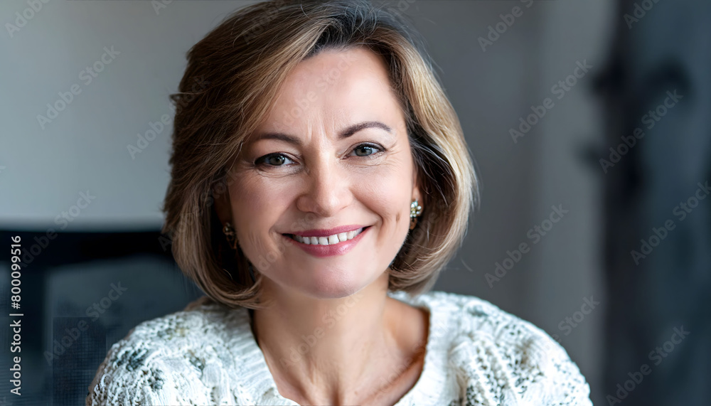 The pleasant-looking middle-aged woman, smiling towards the camera in close-up The pleasant-looking middle-aged woman, smiling towards the camera in close-up