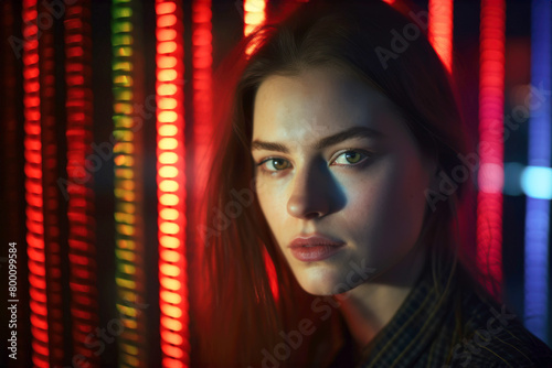Portrait of woman looking at intriguing lights. Futuristic interaction of human and new technology. Science research. Learning AI models. Collecting data from real life using AI in real-time