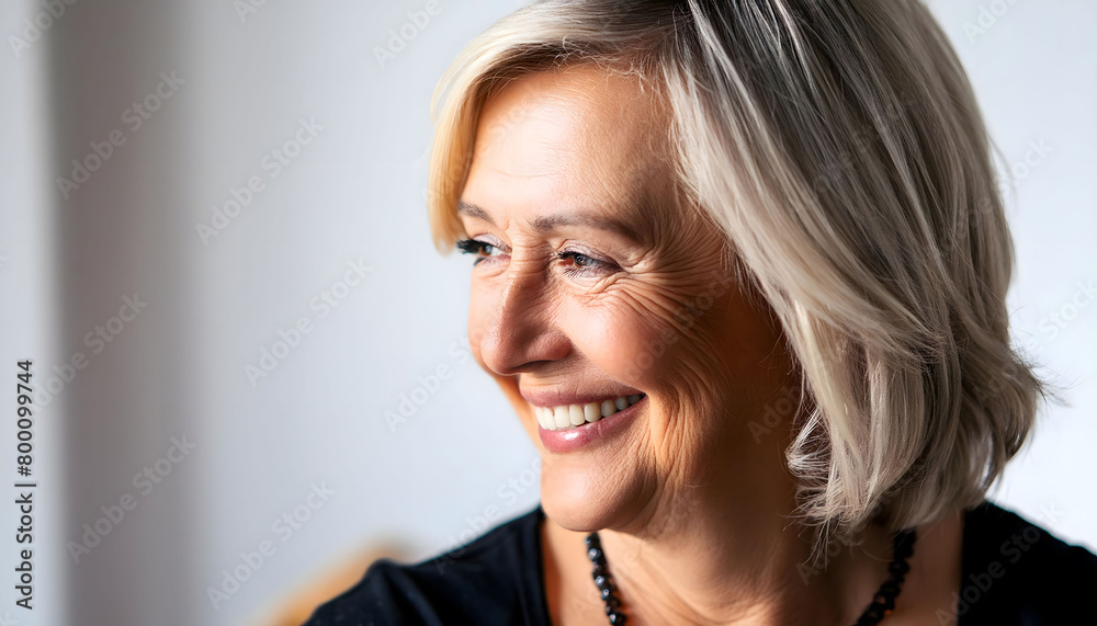 The pleasant-looking middle-aged woman, smiling towards the camera in close-up The pleasant-looking middle-aged woman, smiling towards the camera in close-up