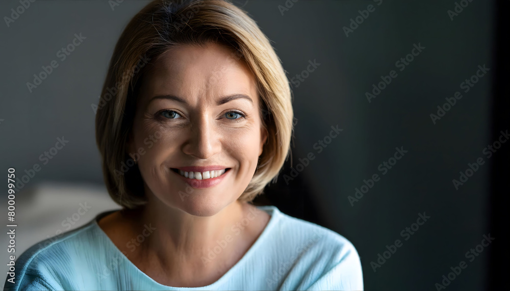 The pleasant-looking middle-aged woman, smiling towards the camera in close-up The pleasant-looking middle-aged woman, smiling towards the camera in close-up