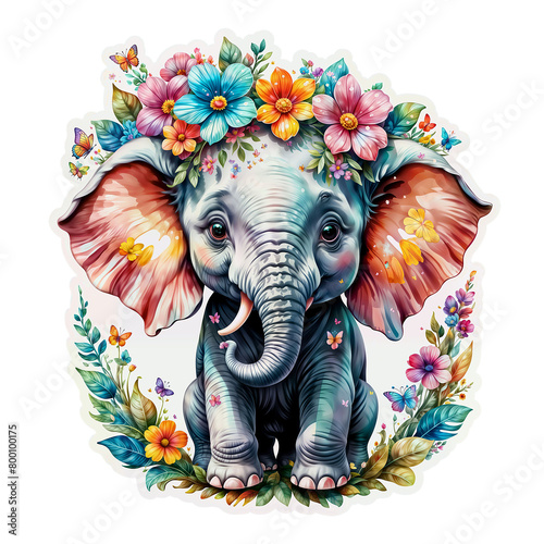 Elephant Sticker Colorful Elephant Bliss A Bouquet of Joy Surrounds the Cartoon Elephant Sticker on Transparent Background, Adorned with Vibrant Flowers and Rainbow Butterflies - Generative AI 