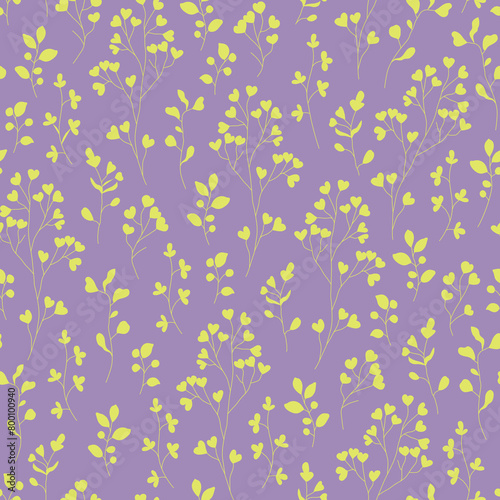 Vector seamless pattern with hand drawn wild flowers. Seamless linear texture with decorative leaves. Endless hand drawn purple yellow. Template for design of textiles, background, packaging, wrapping