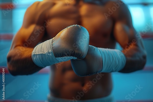 Over a dark room backdrop, a pumped-up man is getting ready to put boxing gloves over for an exercise or boxing battle and space, Generative AI.