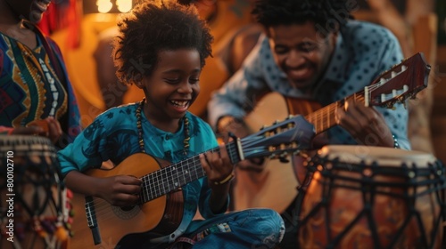 A harmonious family music jam session with various instruments and smiles all around, expressing creativity and harmony on International Day of Families