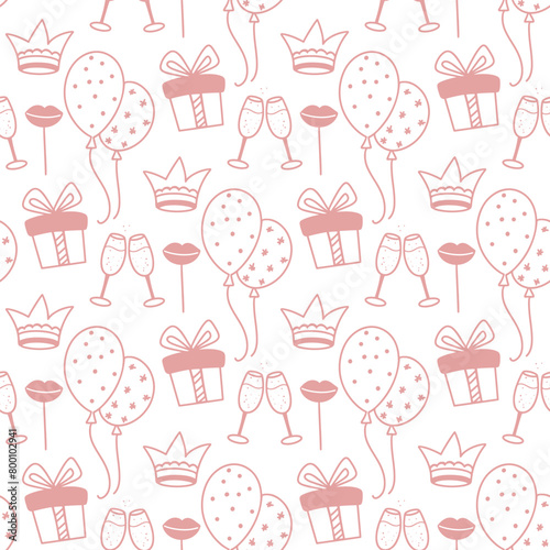 Pink girly party seamless pattern. Bachelorette party with balloons, gifts, champagne and surprises background. Cute little things doodle sketch style print for textile, packaging, paper and design, v