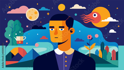 A surrealist painting filled with dreamlike imagery reflecting the artists experience with bipolar disorder and their vivid dreams.. Vector illustration