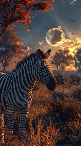 Majestic Zebra Silhouetted Against a Breathtaking Sunset in the Serene African Savanna Landscape © sathon