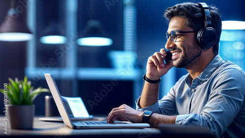 Happy Indian call center agent wearing headset talking to client working in customer support office. Professional contract service telemarketing operator using laptop having conversation