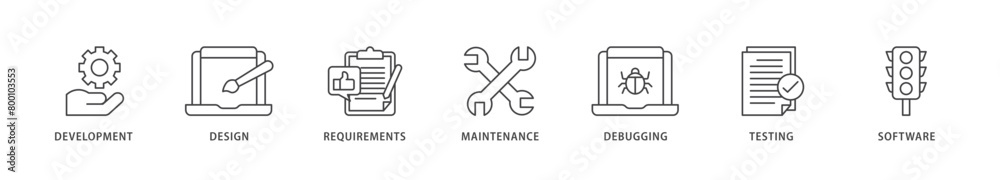 Agile icons set collection illustration of development, design, requirements, maintenance, debugging, testing and software icon live stroke and easy to edit Agile icons set collection illustration of development, design, requirements, maintenance, debugging, testing and software icon live stroke and easy to edit