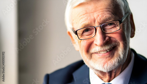 The sweet elderly businessman, smiling towards the camera in close-up