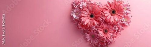 A heart-shaped arrangement of pink daisies placed on a pink background  creating a lovely and visually appealing composition