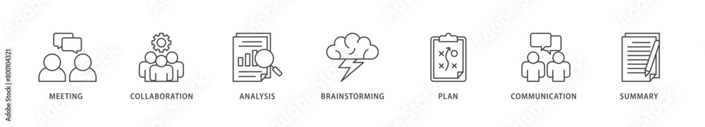 Brief icons set collection illustration of meeting, collaboration, analysis, brainstorming, plan, communication, and summary icon live stroke and easy to edit Brief icons set collection illustration of meeting, collaboration, analysis, brainstorming, plan, communication, and summary icon live stroke and easy to edit
