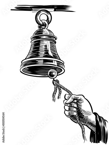 Hand and bell. Hand drawn black and white illustration photo