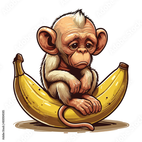 An innocent faced old monkey sitting gloomily on a large banana vector illustration