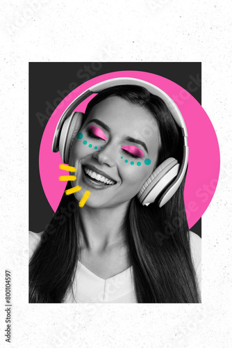 Vertical picture collage cheerful pretty smiling girl headphones smile music listener joyful positive mood drawing background photo