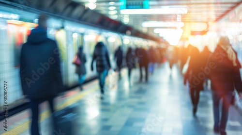 Rush hour with commuters walking on subway station platform, blurred motion effect.