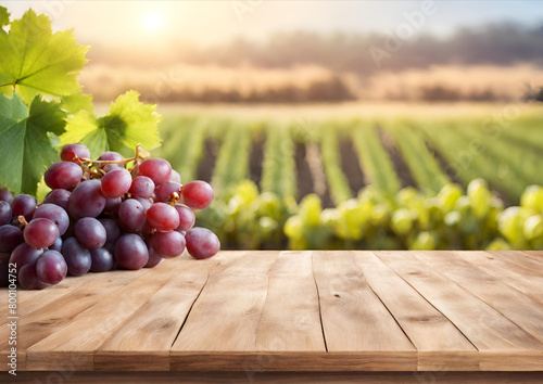 Wooden table top on blur grape field background. Harvest rice or whole wheat. For montage product display or design key visual layout