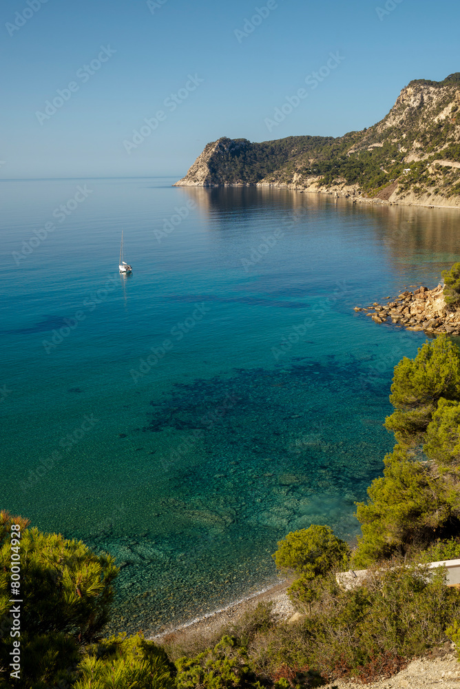 The beautiful Cala LLentrisca cove near Es Cubells, Ibiza, Balearic Islands, Spain
