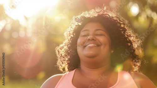 Happy plus-sized African American woman smiling with eyes closed in the warm sunlight outdoors.