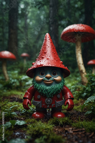 little gnome robot wearing a red hat with white polka dots walking in the woods in the rain